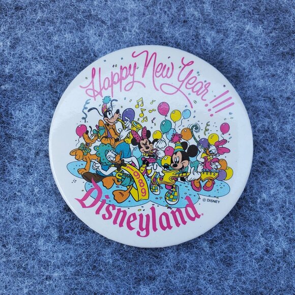 Vintage Disneyland Souvenir Buttons "Happy New Year" 1987 and 1989 Set Of Two - Picture 3 of 5
